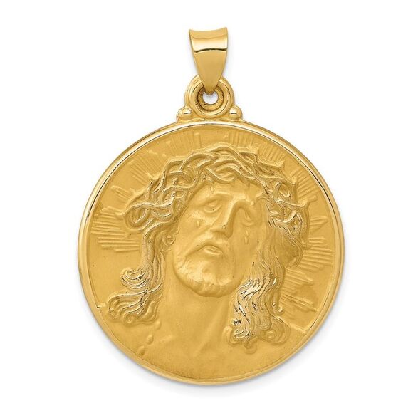 Kazi Luxury 14k Yellow Gold Polished & Satin Face of Jesus Medal Hollow Pendant
